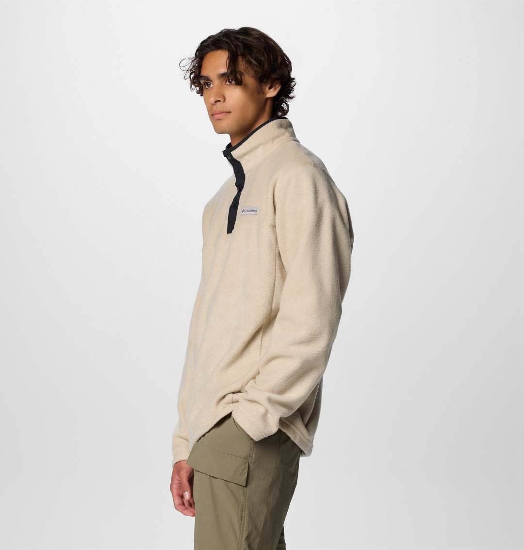 Men's half-snap fleece pullover side view in light beige with black half-snap placket
