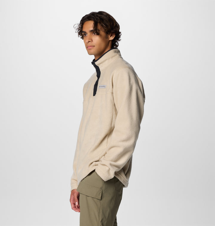 Men's half-snap fleece pullover side view in light beige with black half-snap placket