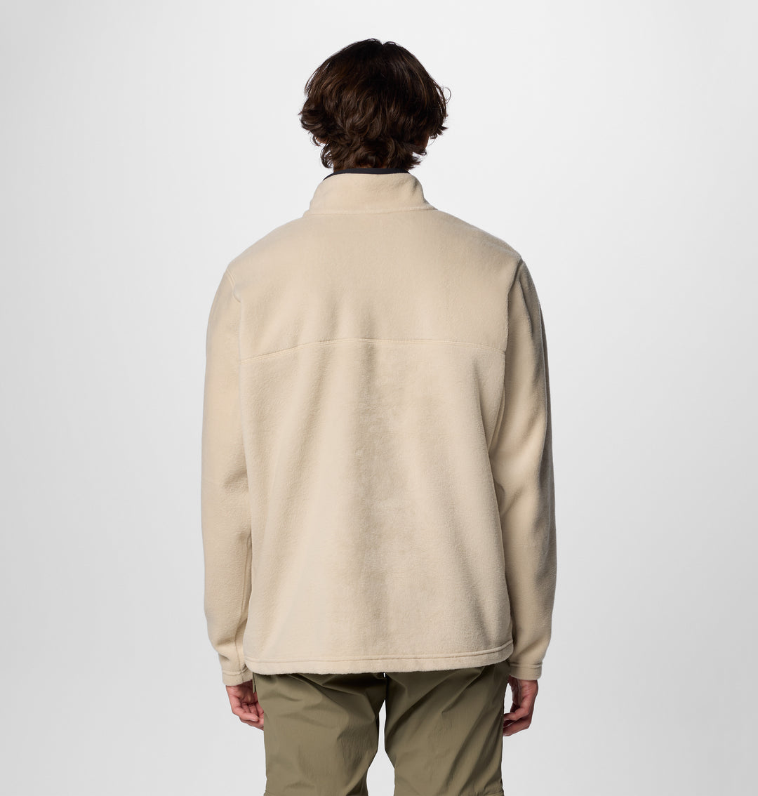 Men's half-snap fleece pullover back view, light beige with black snap placket