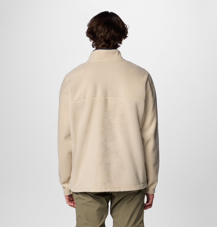 Men's half-snap fleece pullover back view, light beige with black snap placket