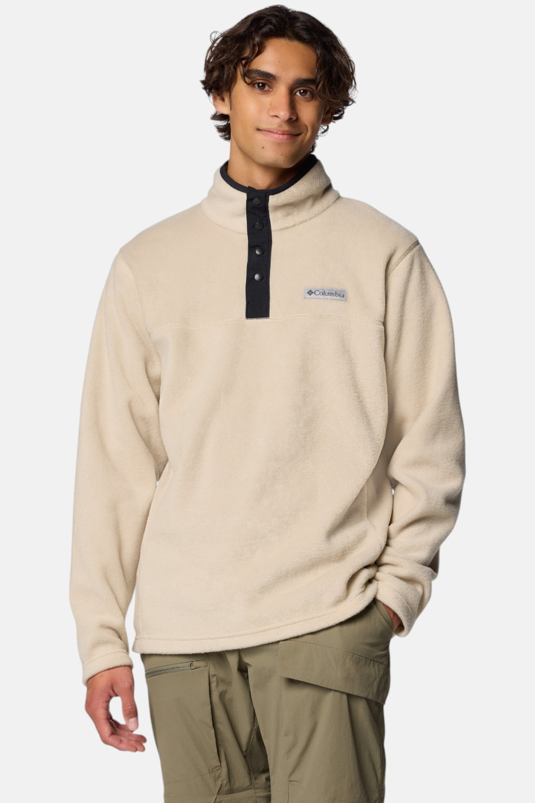 Men's half-snap fleece pullover in light beige with black placket and logo chest patch