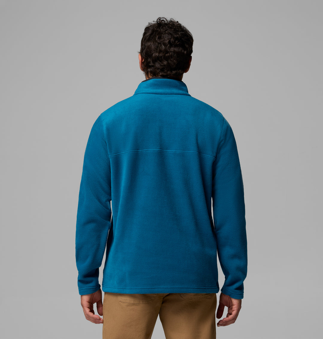 Blue fleece half-snap pullover, back view with shoulder seam and yoke