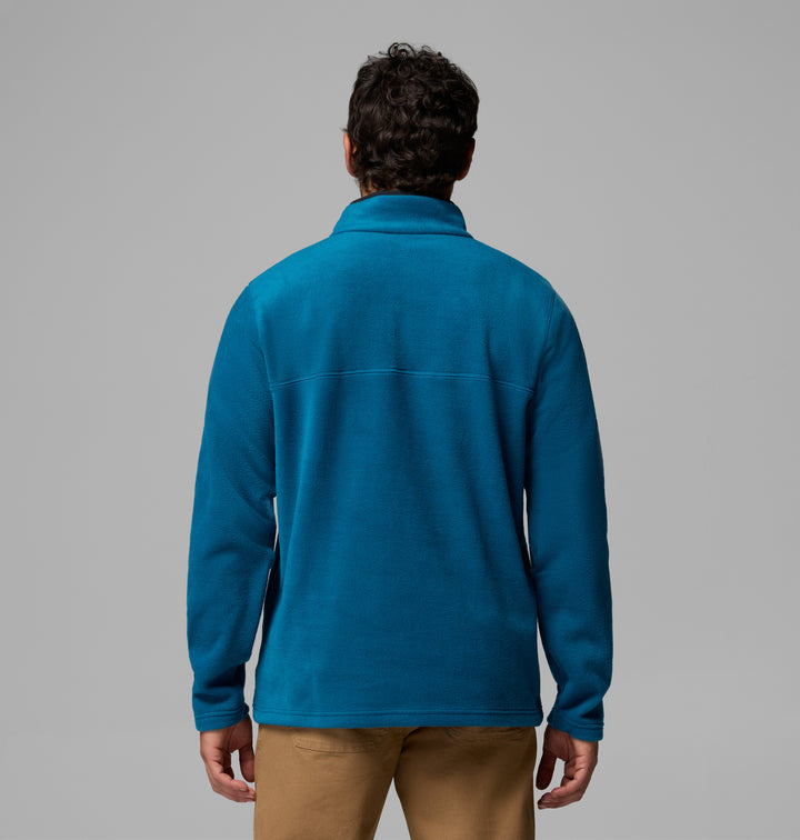 Blue fleece half-snap pullover, back view with shoulder seam and yoke