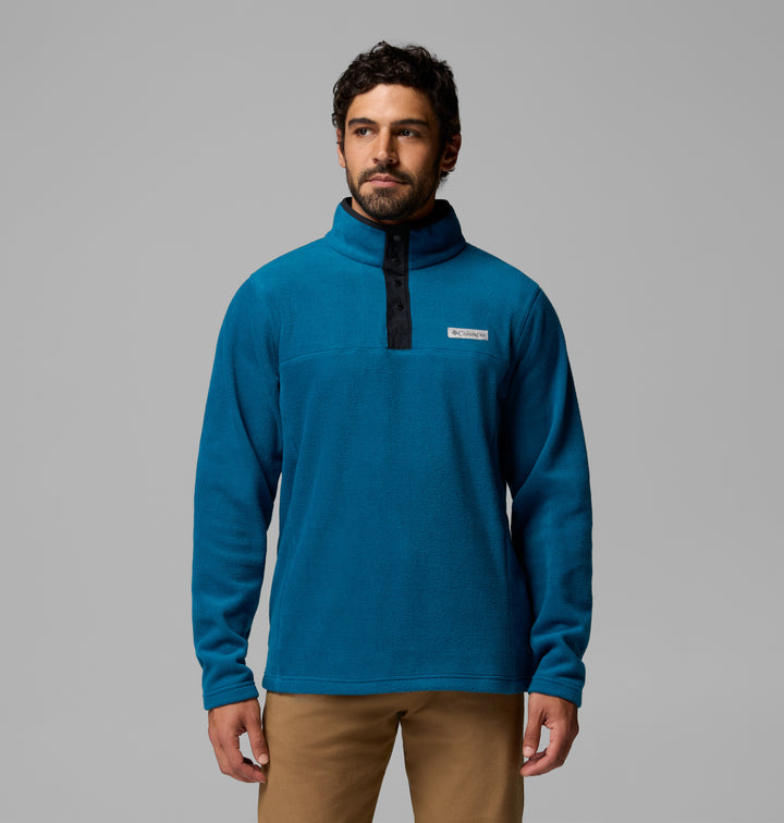 Blue fleece half-snap pullover with stand collar and small chest logo patch