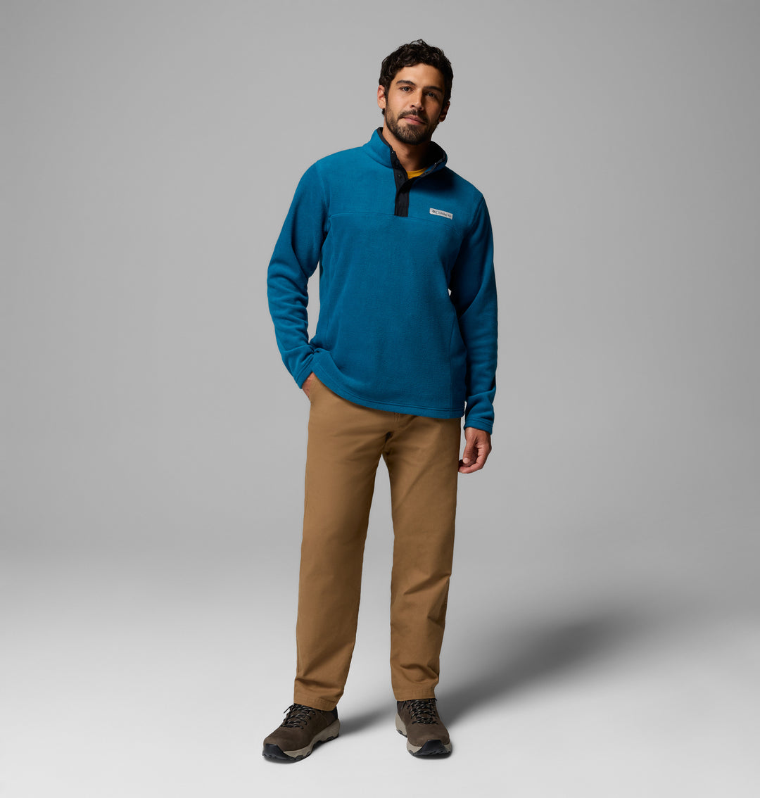 Blue fleece half-snap pullover with stand collar and dark button placket