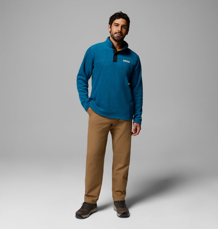 Blue fleece half-snap pullover with stand collar and dark button placket