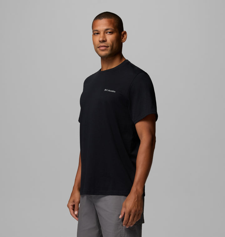 Black crew-neck T-shirt with small chest logo, side profile.