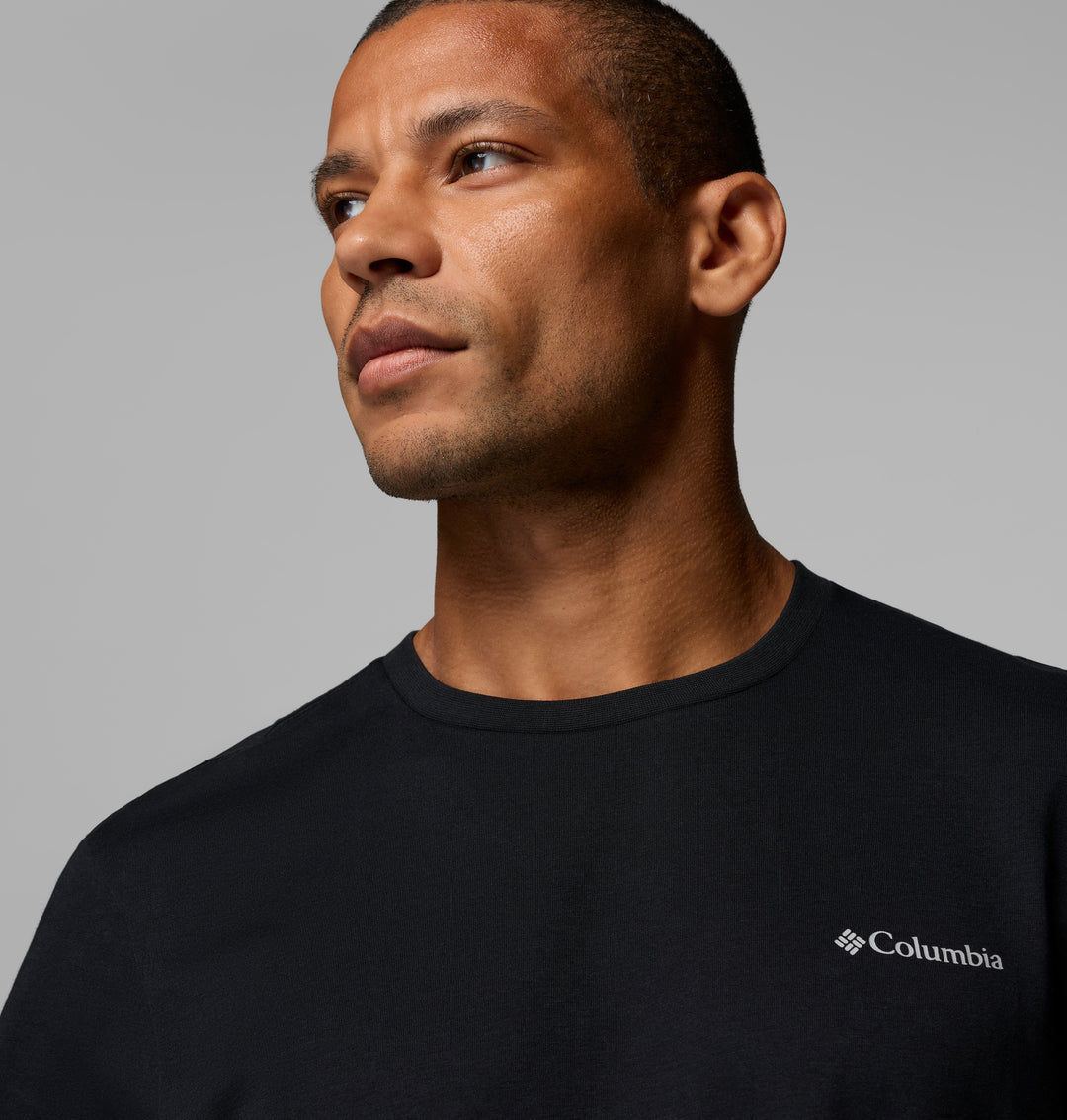 Black crew-neck T-shirt with embroidered Columbia logo on chest.