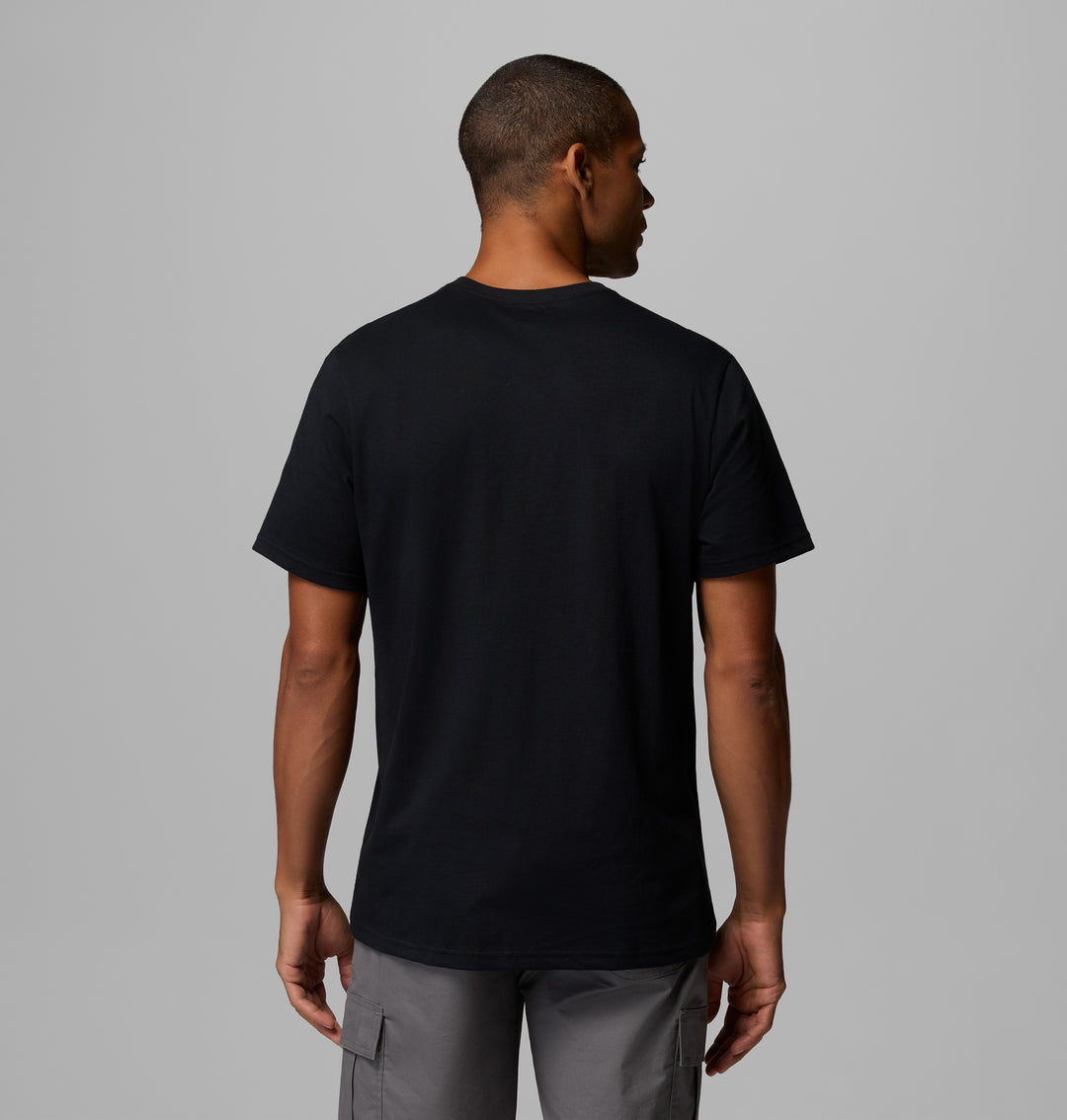 Black crew-neck short-sleeve T-shirt, back view.
