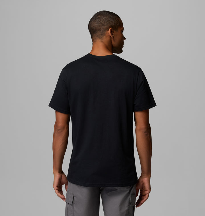 Black crew-neck short-sleeve T-shirt, back view.