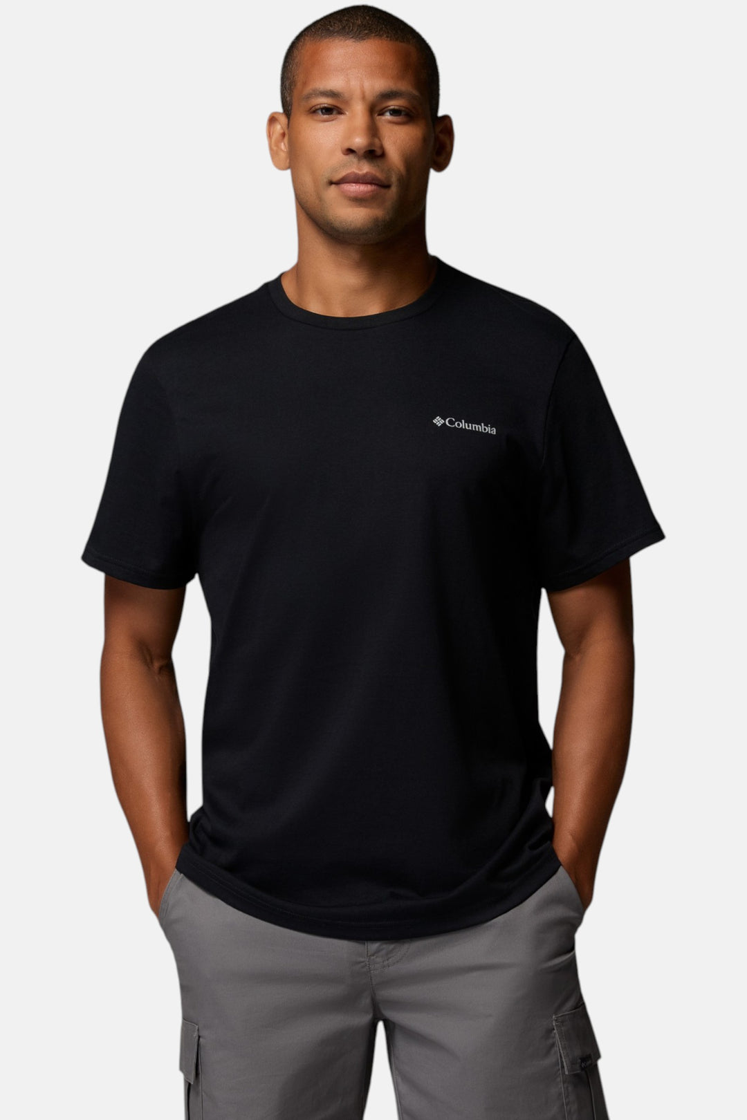 Black crew-neck short-sleeve T-shirt with small chest logo.