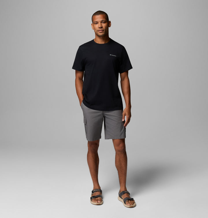 Black crew-neck T-shirt with short sleeves, paired with cargo shorts.