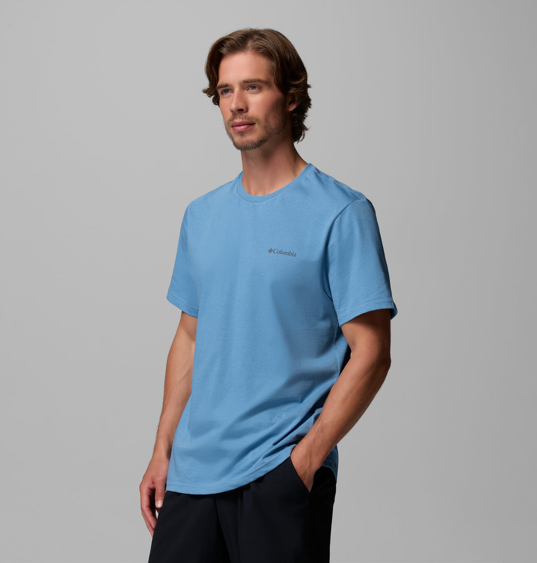 Men's blue crewneck t-shirt with left chest logo, relaxed fit