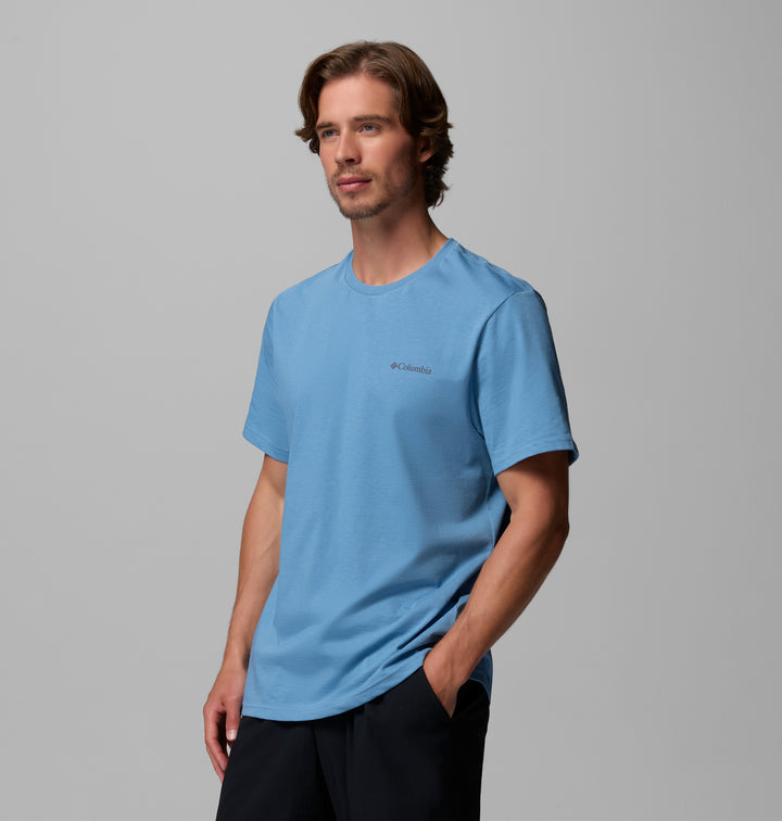 Men's blue crewneck t-shirt with left chest logo, relaxed fit