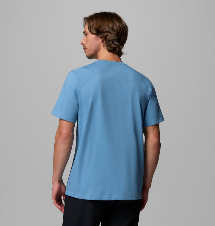 Men's blue crewneck t-shirt, plain back view