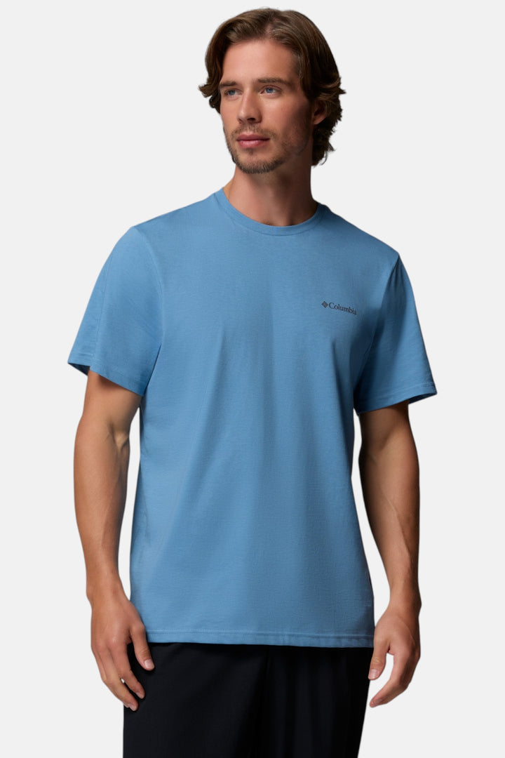 Men's blue crewneck t-shirt with small chest logo, short sleeves