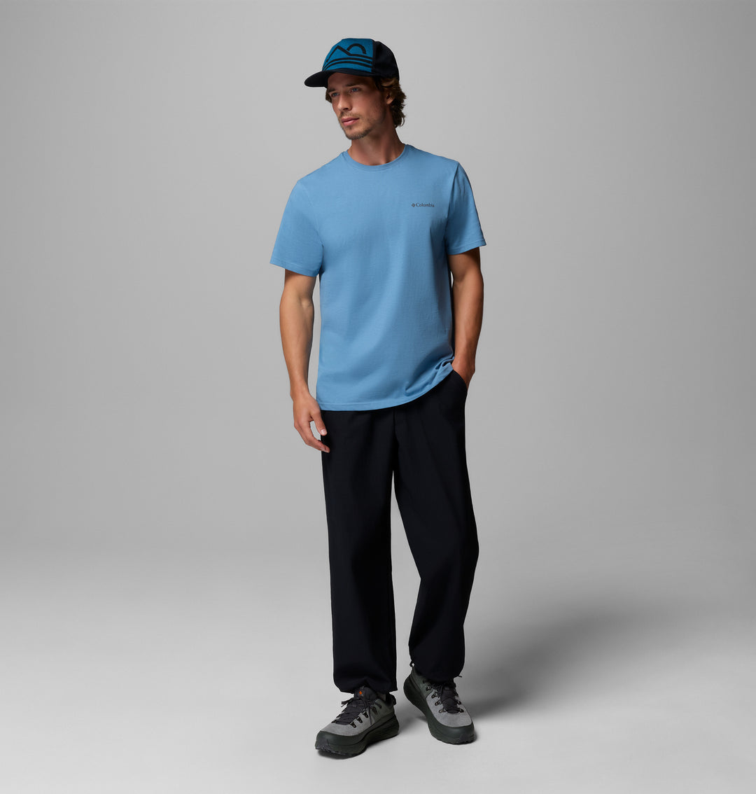 Men's blue crewneck t-shirt with chest logo, short sleeves