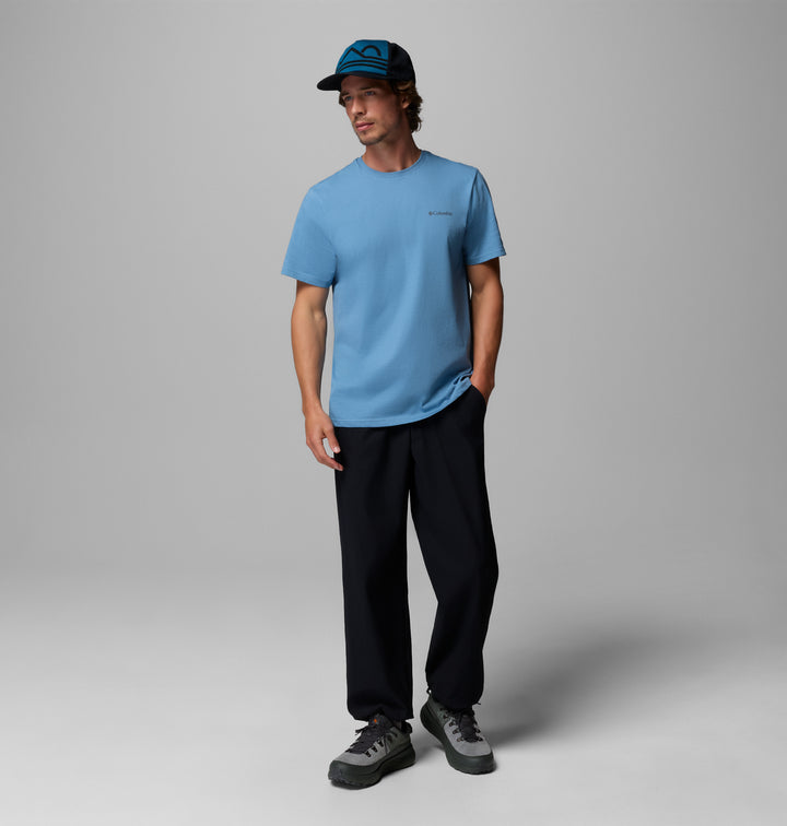 Men's blue crewneck t-shirt with chest logo, short sleeves