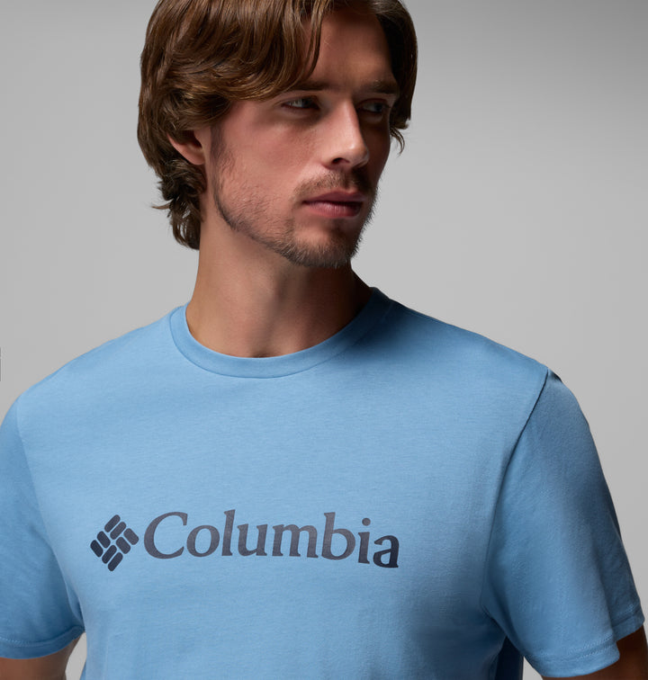 Light blue T-shirt showing Columbia logo on chest, crew neckline