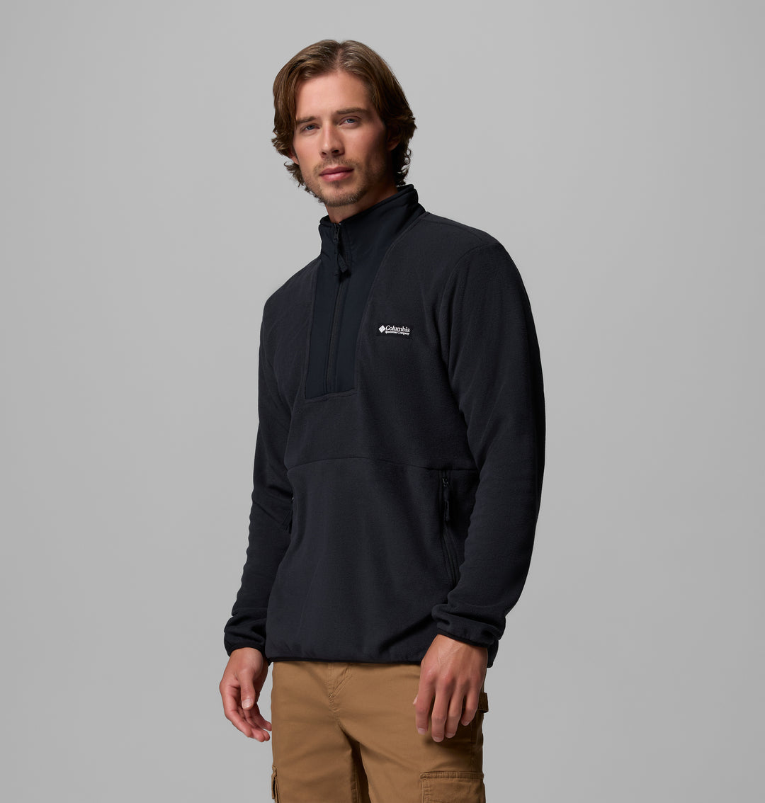 Black half-zip fleece pullover with hood, half zipper, side logo