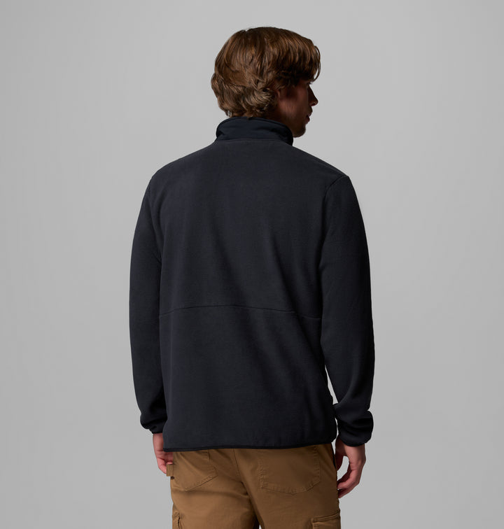 Black half-zip fleece pullover, back view with full-length zipper