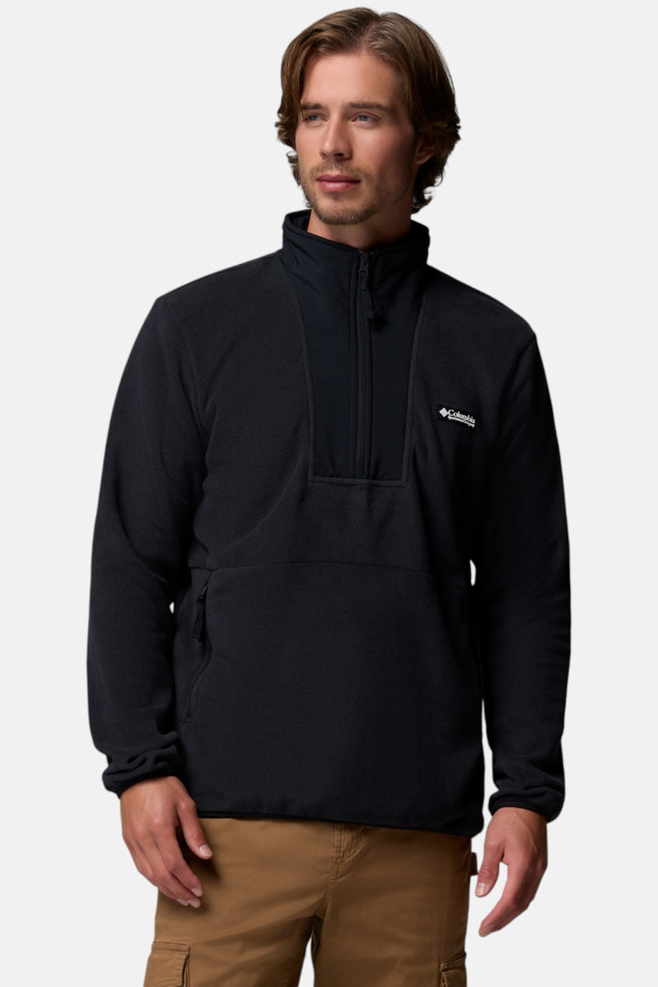 Black half-zip fleece pullover with hood and kangaroo pocket