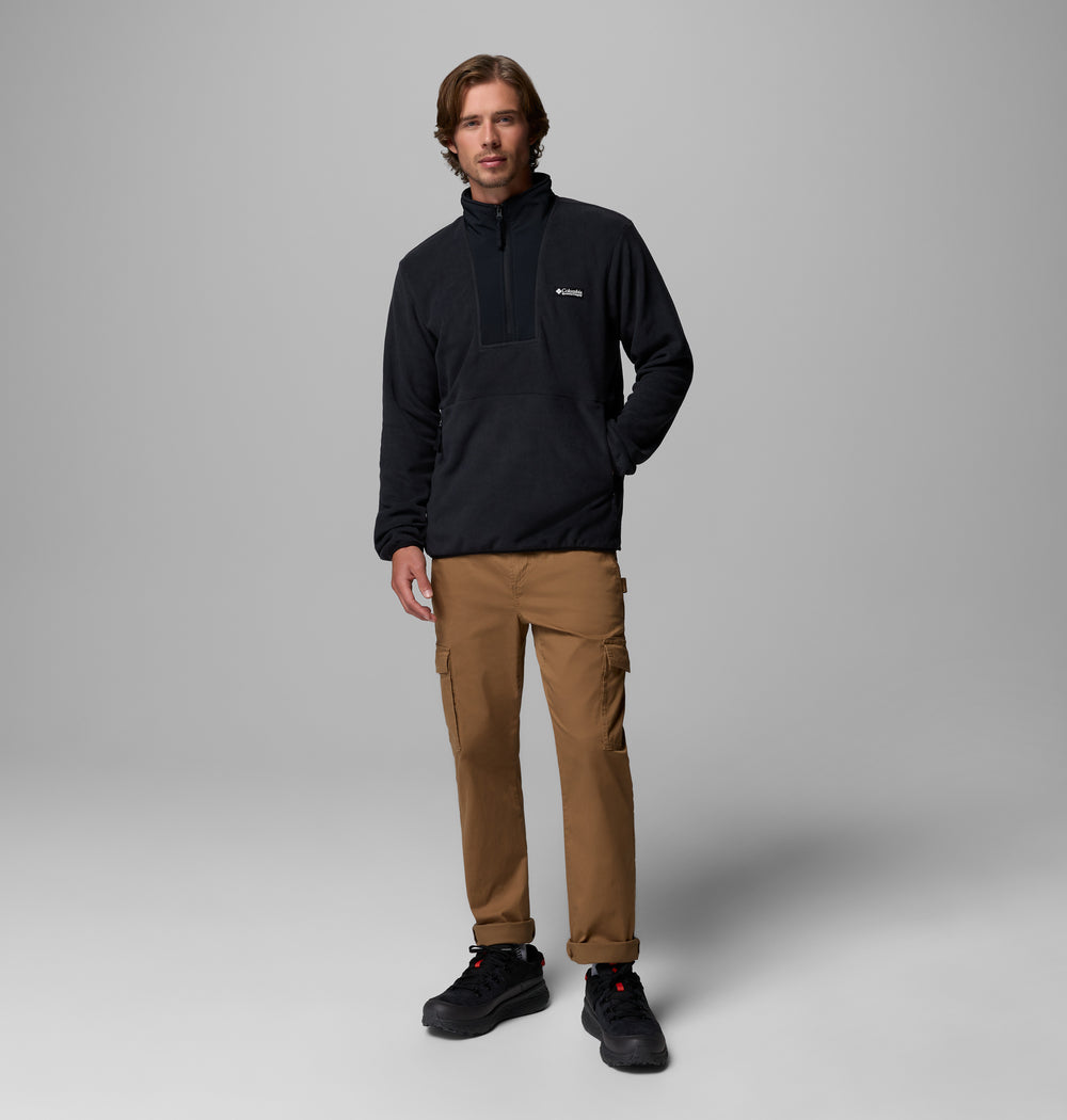 Black half-zip fleece pullover with hood and kangaroo pocket, full body
