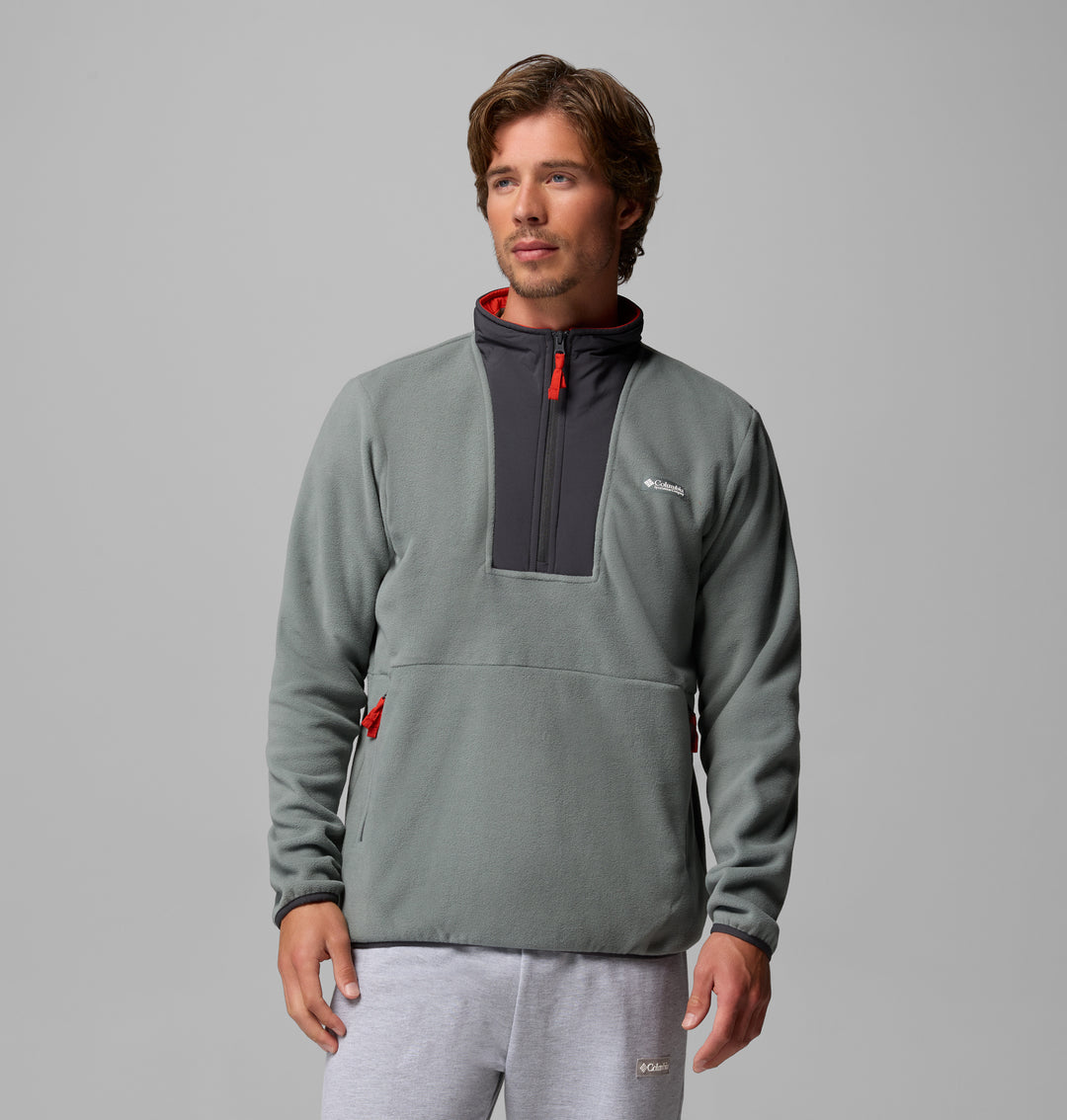 Men's sage green half-zip fleece with black chest panel and small logo