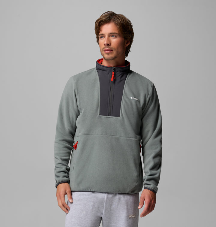 Men's sage green half-zip fleece with black chest panel and small logo