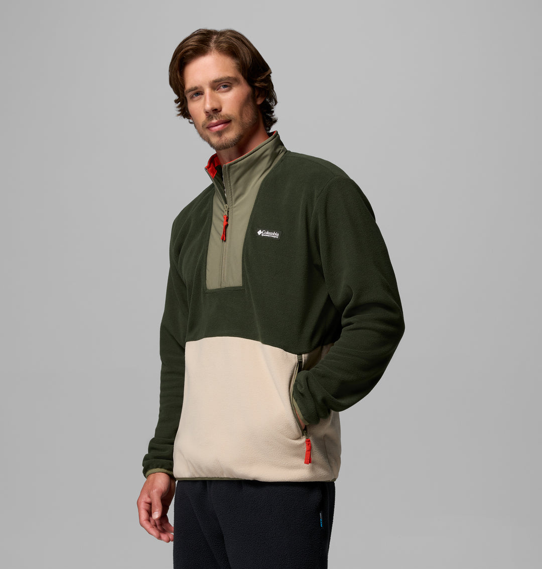 Men's two-tone half-zip fleece with dark green sleeves and light stone chest panel