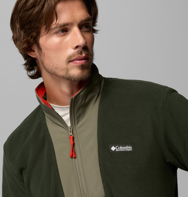Men's half-zip fleece with Columbia logo, dark green body, red zip pull