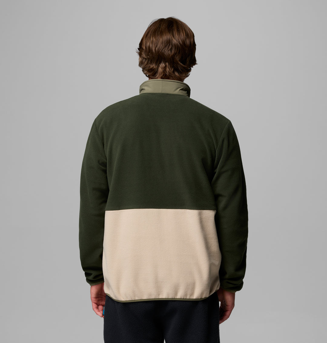 Men's back view half-zip fleece, dark green upper and light stone lower panels