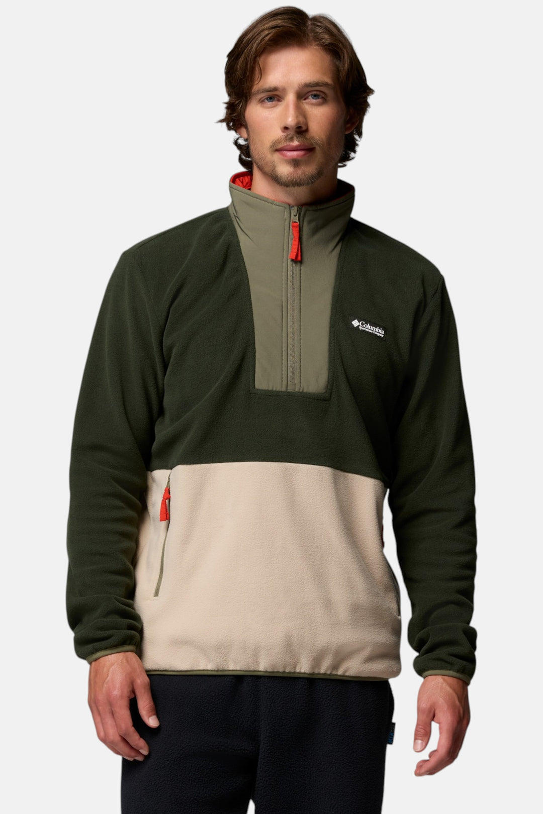 Men's two-tone half-zip fleece in dark green and light stone, with red zipper pull
