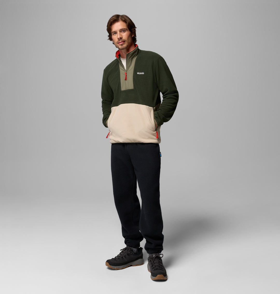 Men's two-tone half-zip fleece, dark green upper and light stone front, red trim