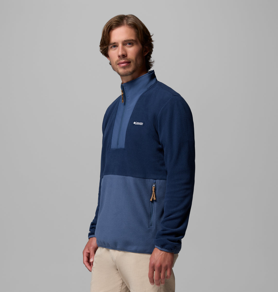 Navy half-zip fleece jacket with stand collar and chest logo detail