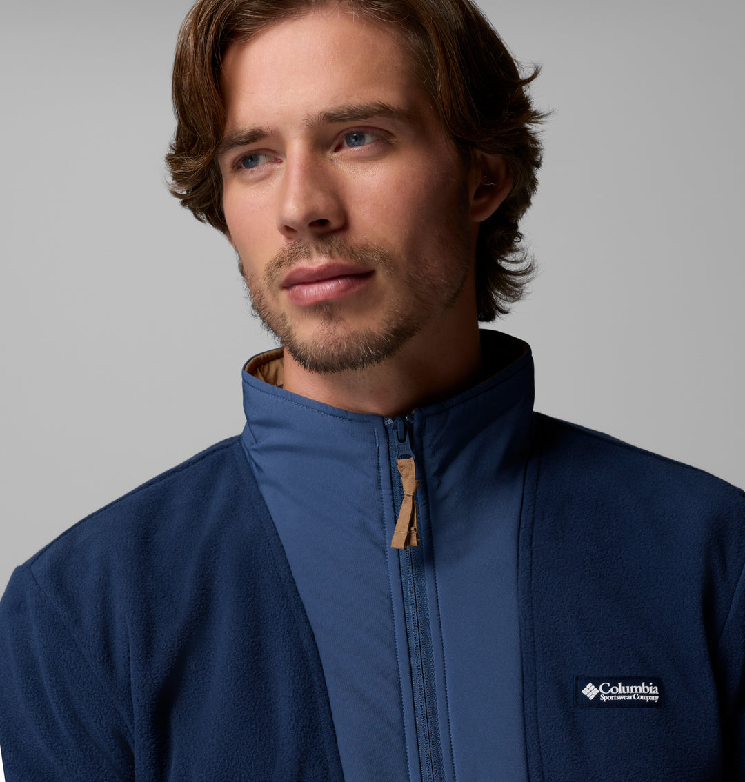 Navy fleece half-zip with stand collar, gold zipper pull, and Columbia logo patch