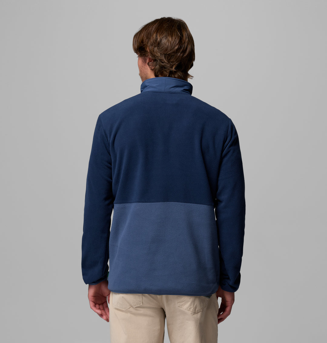 Navy half-zip fleece pullover with back yoke panel and full-length sleeves