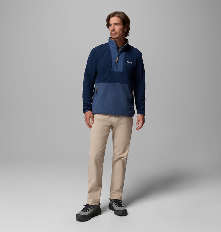 Navy half-zip fleece jacket with stand collar and side zip pockets