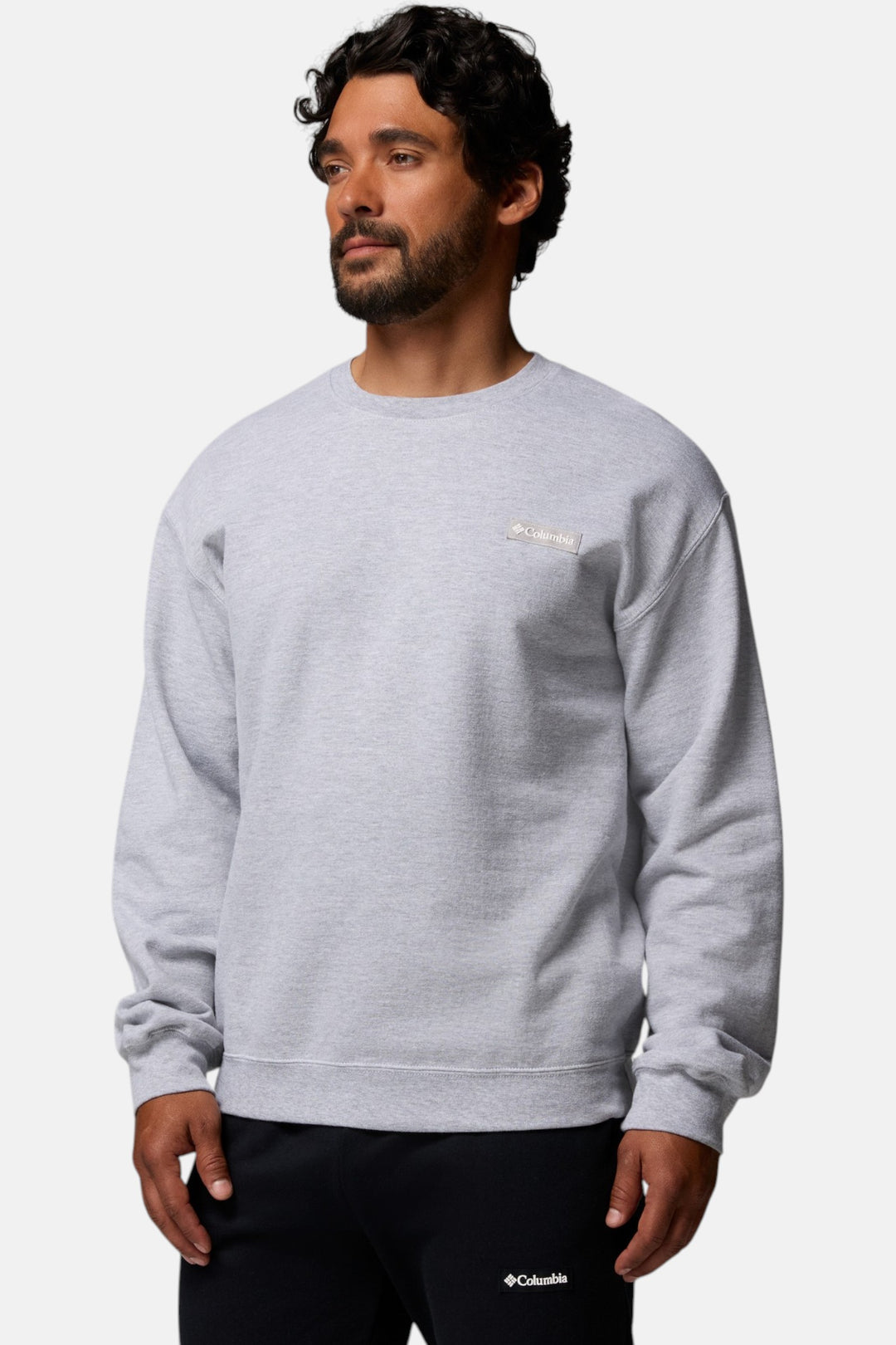 Men's heather gray crew sweatshirt with small Columbia chest logo