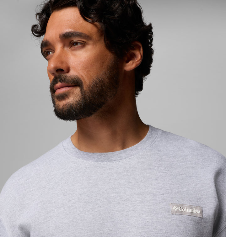 Men's heather gray crew sweatshirt with Columbia logo patch on chest
