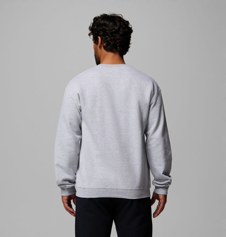 Men's heather gray crew sweatshirt, back view with ribbed hem