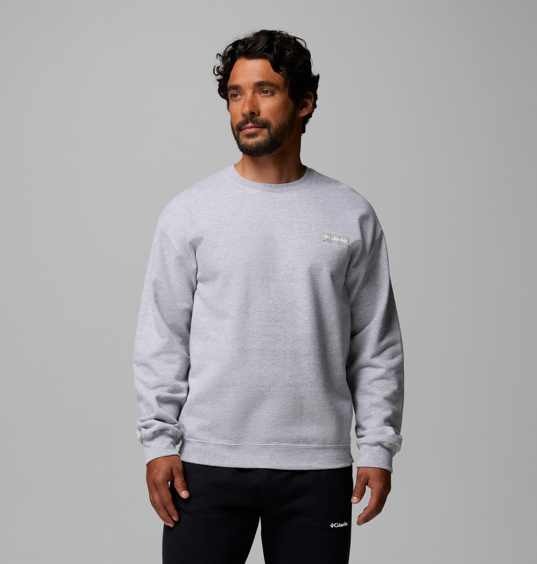 Men's heather gray crew sweatshirt with Columbia logo on left chest
