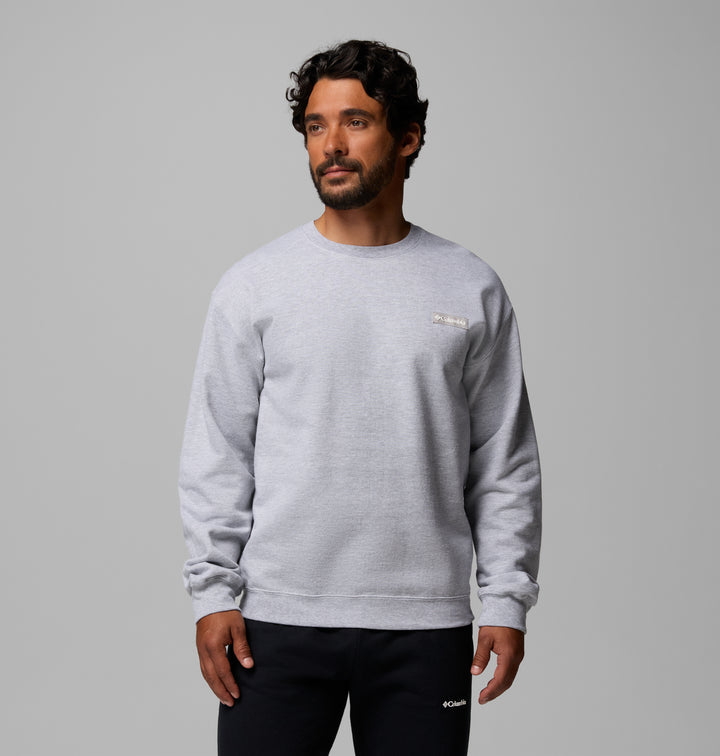 Men's heather gray crew sweatshirt with Columbia logo on left chest
