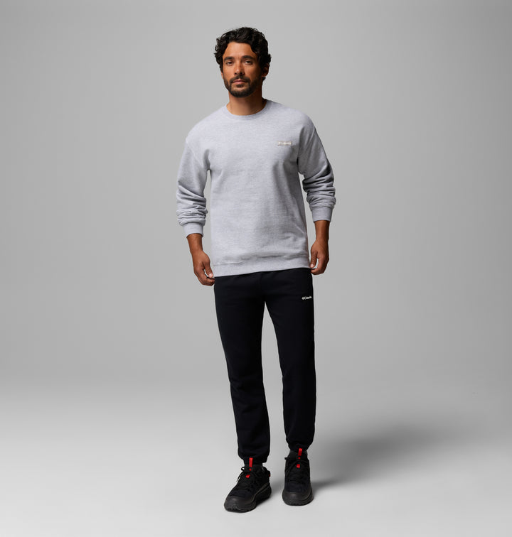 Men's heather gray crew sweatshirt, ribbed cuffs and hem, Columbia chest logo