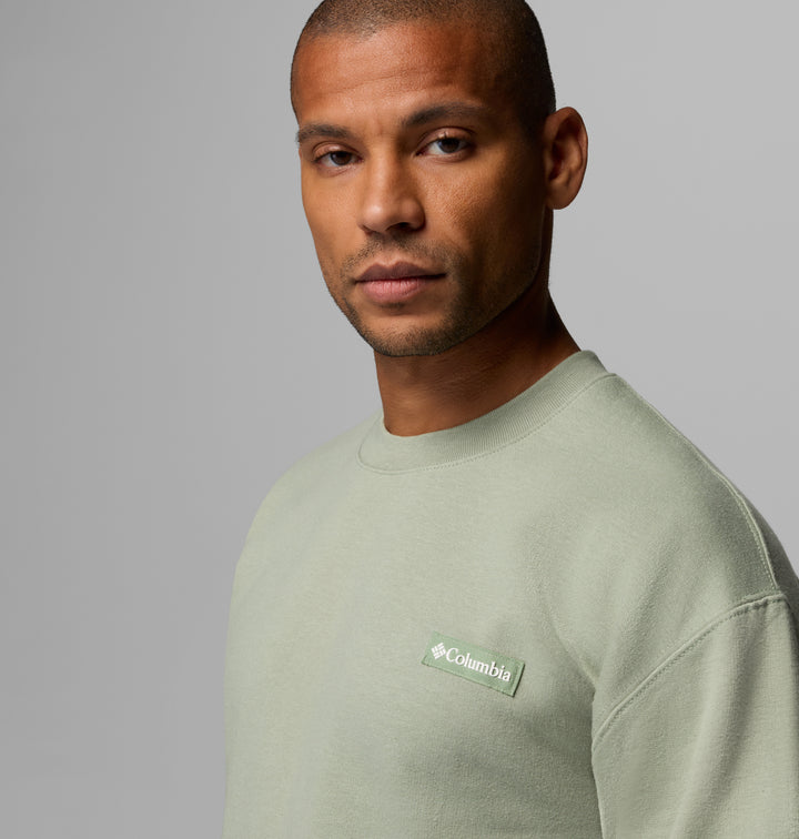 Sage crewneck sweatshirt close-up with small Columbia logo on chest