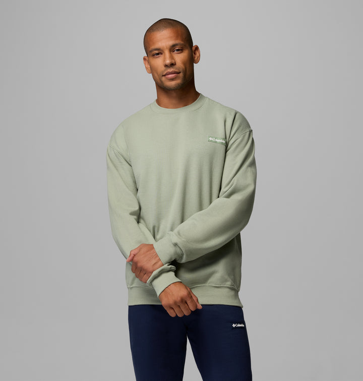 Sage crewneck sweatshirt with long sleeves and small chest logo, side view