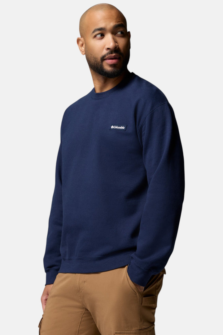Navy crew sweatshirt with small Columbia logo at chest, crew neck long sleeves
