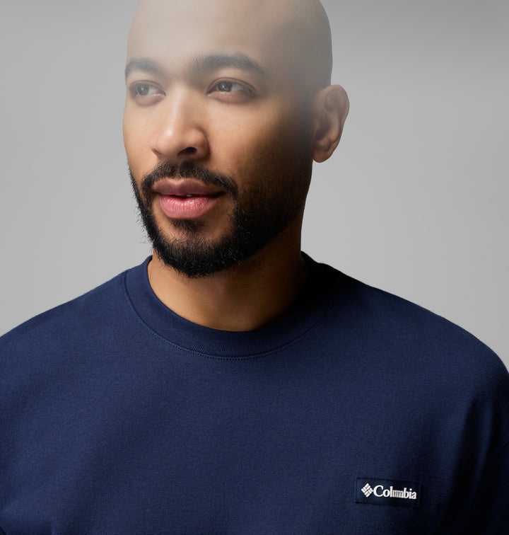 Navy crew sweatshirt chest logo patch with crew neck collar