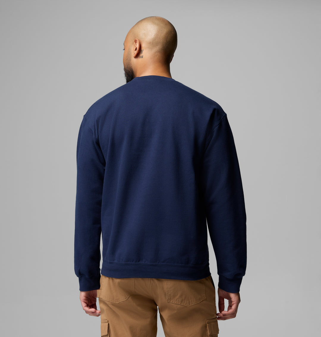 Navy crew sweatshirt back view, long sleeves with ribbed hem and cuffs