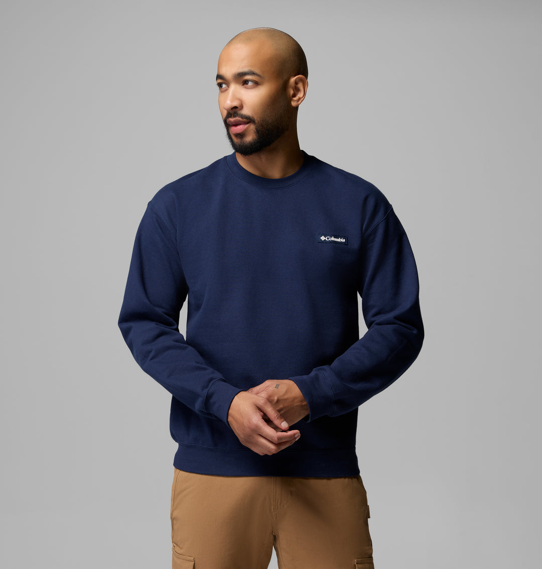 Navy crew sweatshirt front view, crew neck with small chest logo and long sleeves